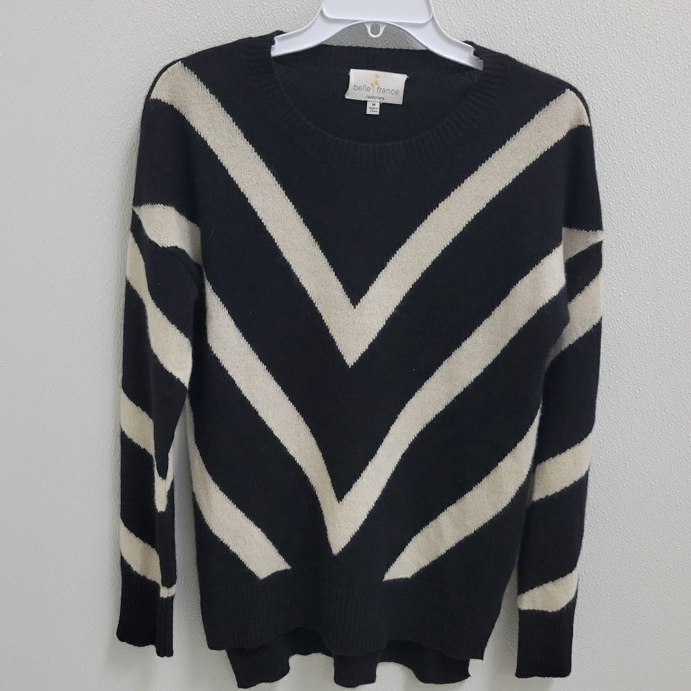 Belle France Cashmere Chevron Long Sleeve Crew Neck Sweater M Black